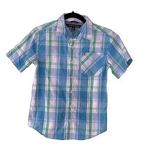 Tommy Hilfiger boys short sleeve button down blue and green plaid medium